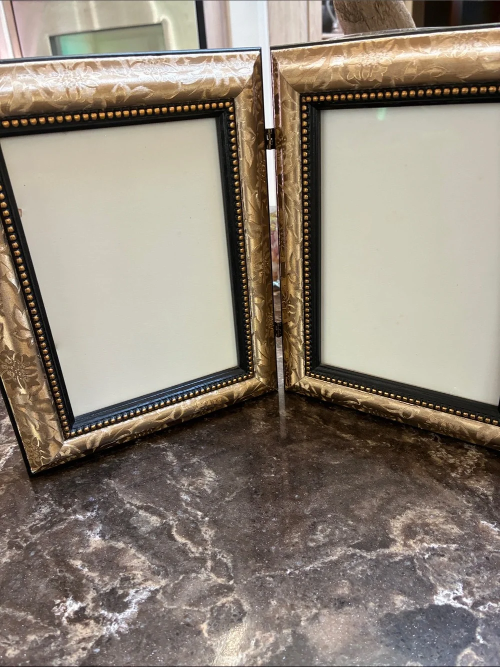 Gold Double Hinged Picture Frame with gold embossed Trim